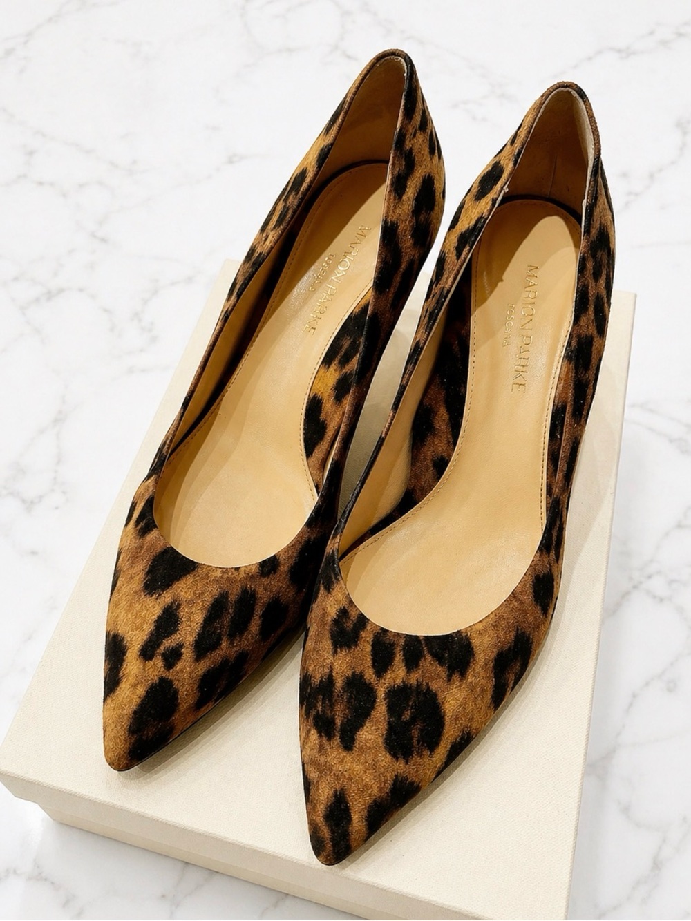 MARION PARKE Leopard Print Kitten Toe Pump
